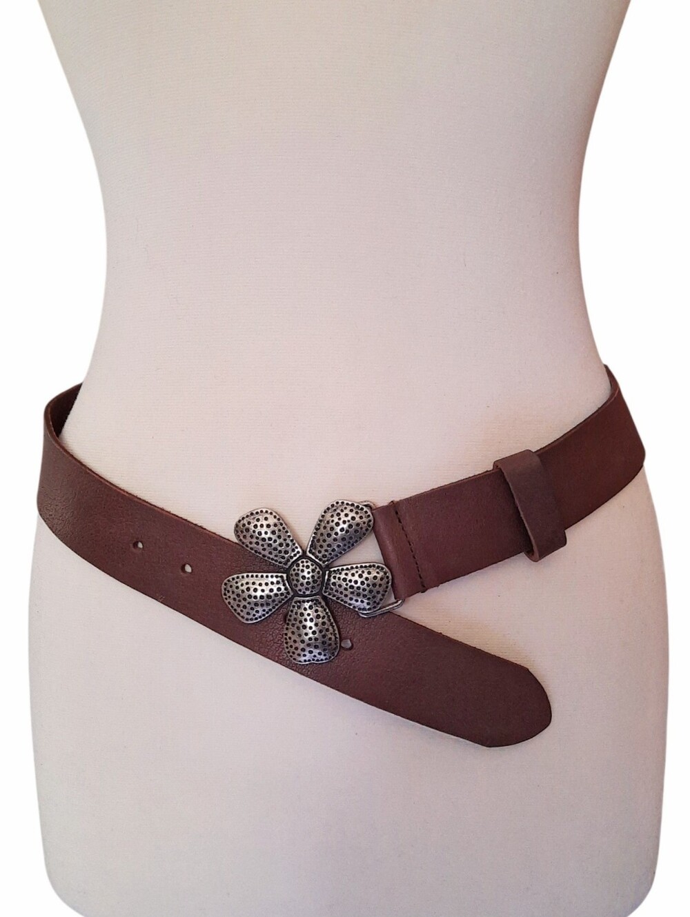 SILPADA Brown Wide Leather Belt w/Hammered Silver-Tone Flower Buckle Sz M